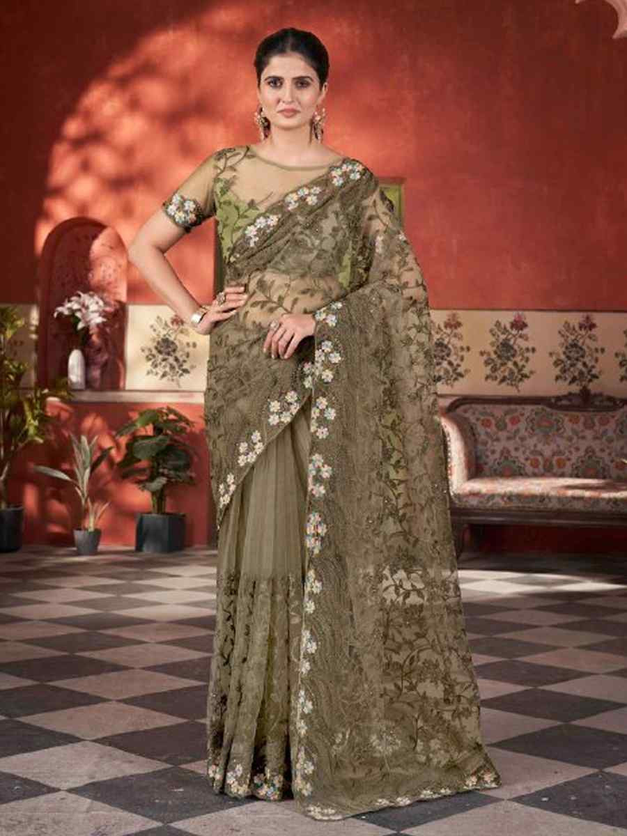 Mehendi Green Heavy Butterfly Net Embroidery Casual Traditional Reception Festival Fancy Classic Style Sarees