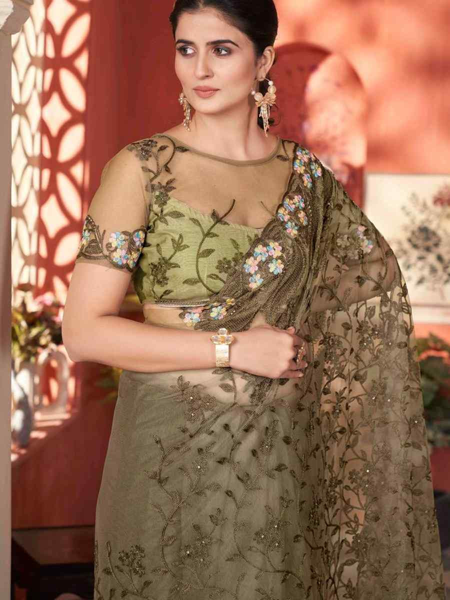 Mehendi Green Heavy Butterfly Net Embroidery Casual Traditional Reception Festival Fancy Classic Style Sarees