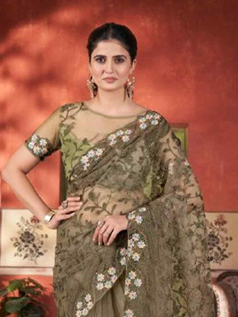 Mehendi Green Heavy Butterfly Net Embroidery Casual Traditional Reception Festival Fancy Classic Style Sarees