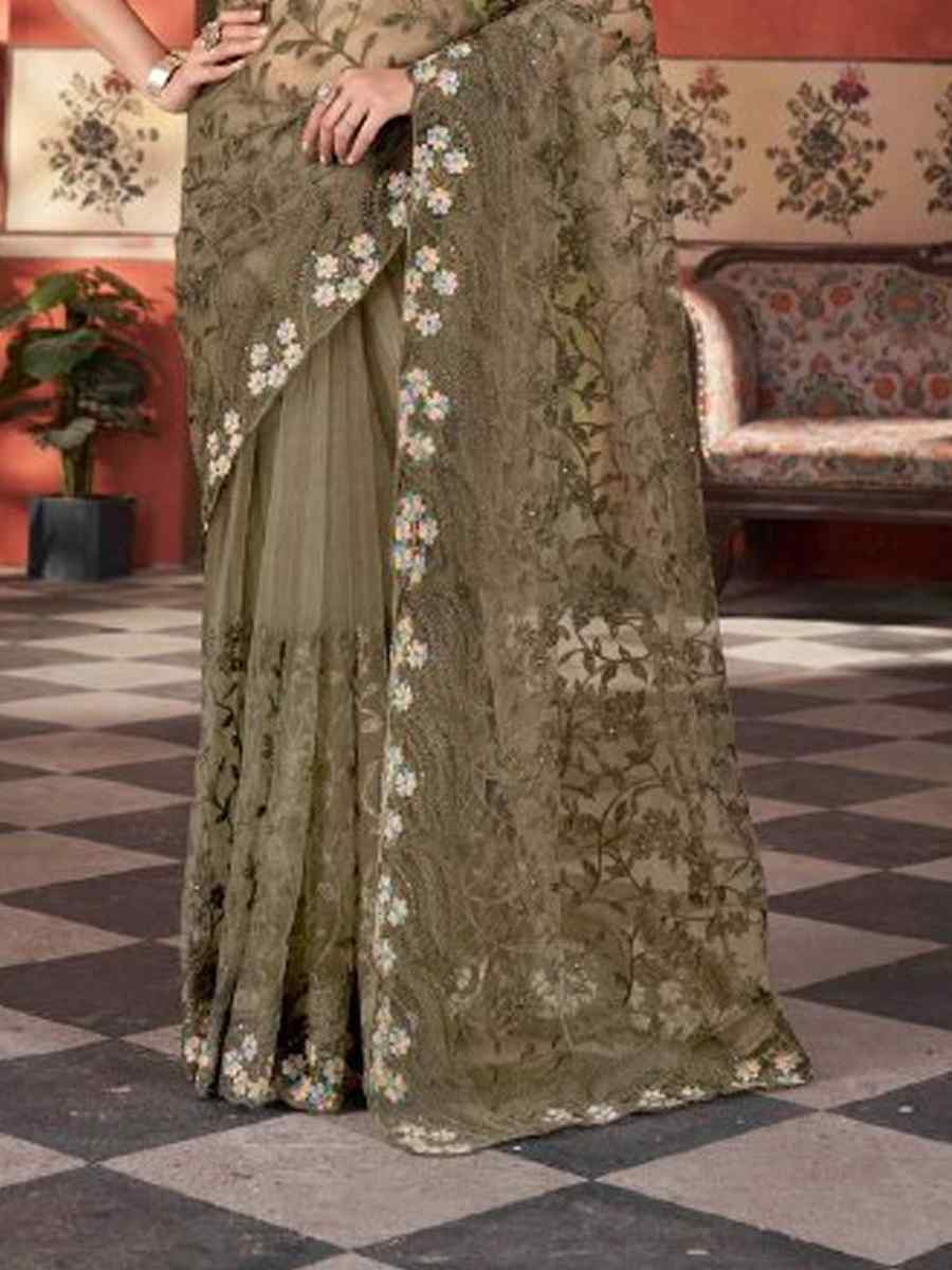 Mehendi Green Heavy Butterfly Net Embroidery Casual Traditional Reception Festival Fancy Classic Style Sarees