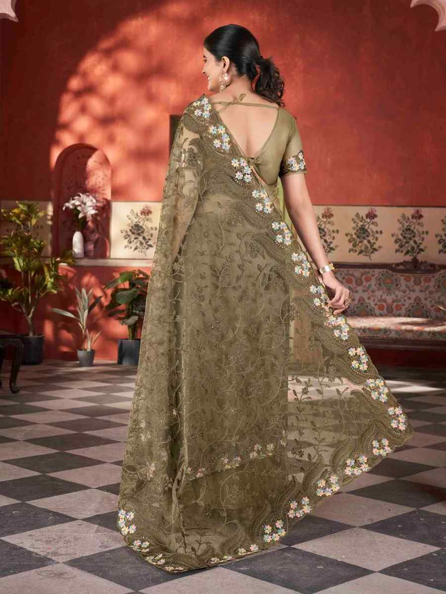 Mehendi Green Heavy Butterfly Net Embroidery Casual Traditional Reception Festival Fancy Classic Style Sarees
