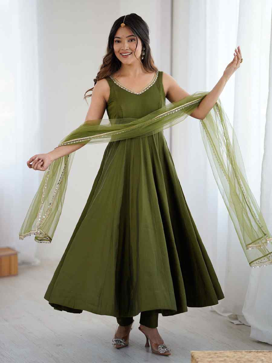 Mehendi Green Heavy Pure Roman Silk Plain Party Wedding Festival Casual Ready Anarkali Salwar Kameez