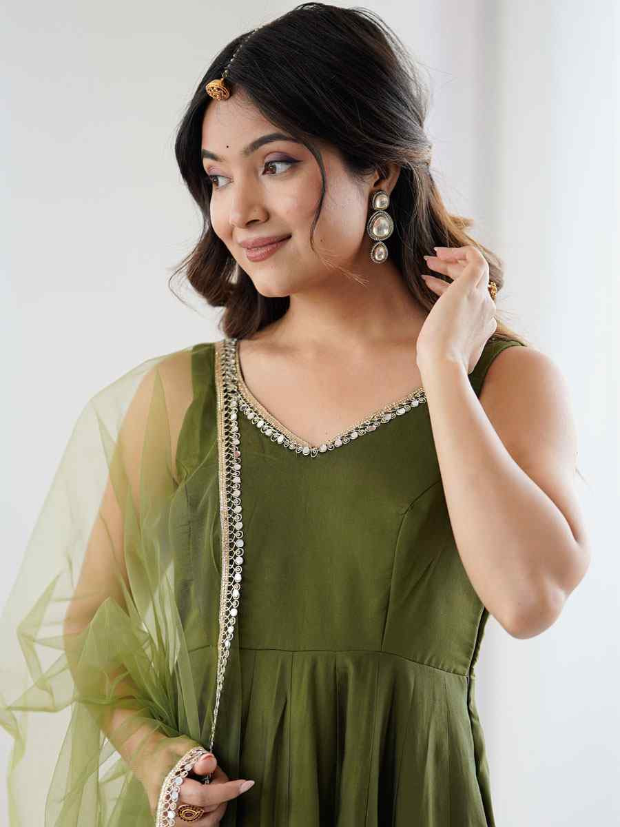 Mehendi Green Heavy Pure Roman Silk Plain Party Wedding Festival Casual Ready Anarkali Salwar Kameez