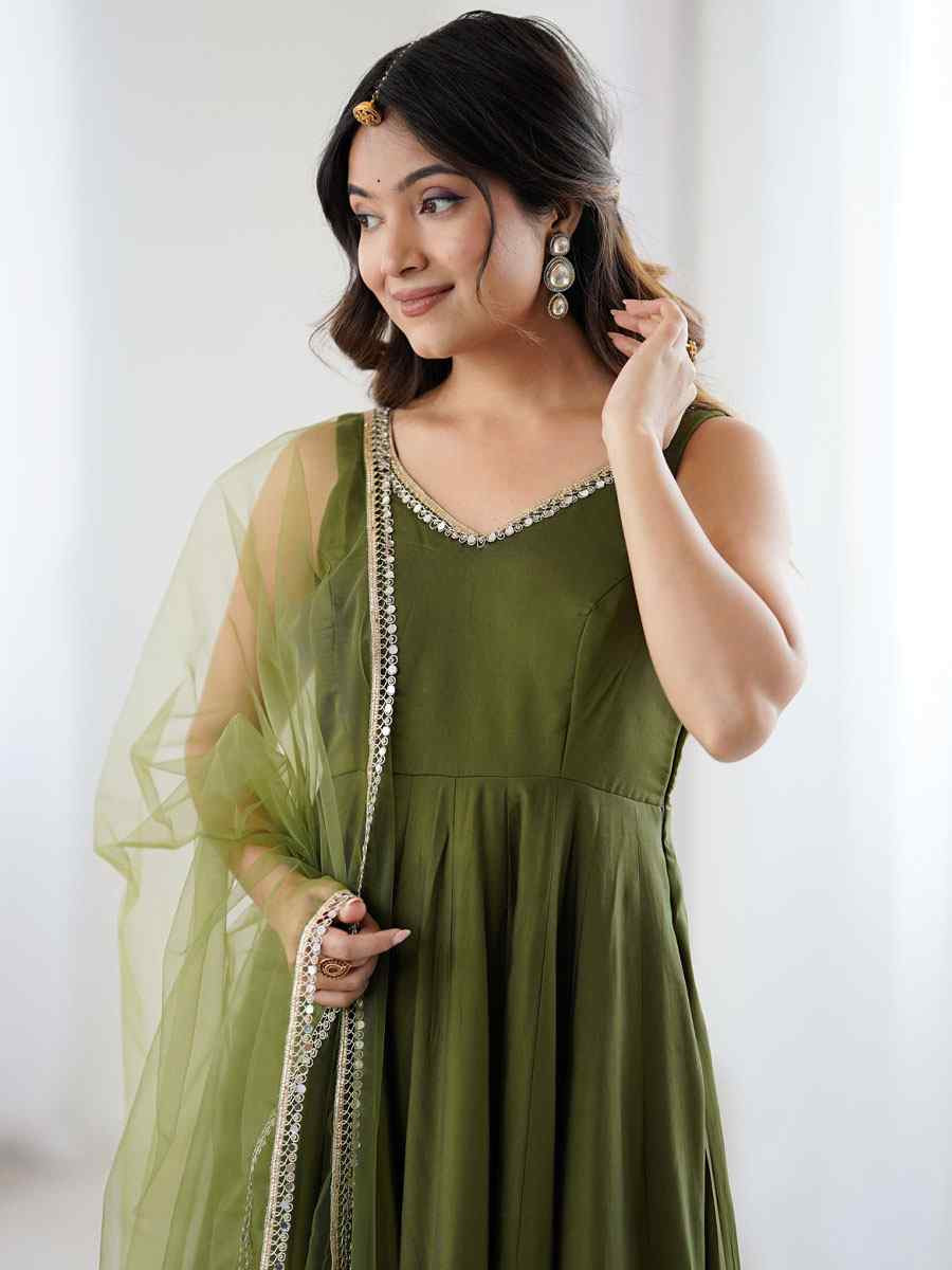 Mehendi Green Heavy Pure Roman Silk Plain Party Wedding Festival Casual Ready Anarkali Salwar Kameez