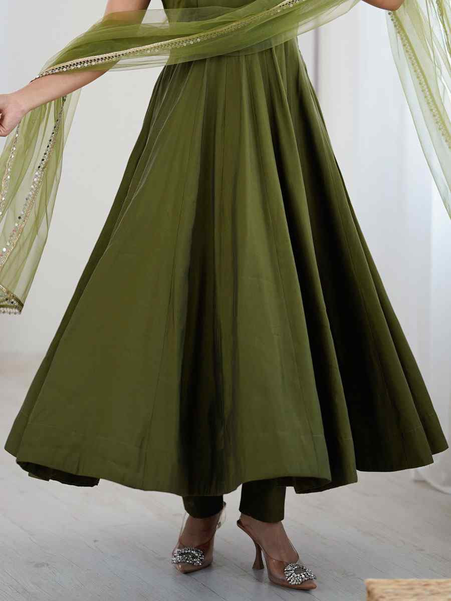 Mehendi Green Heavy Pure Roman Silk Plain Party Wedding Festival Casual Ready Anarkali Salwar Kameez