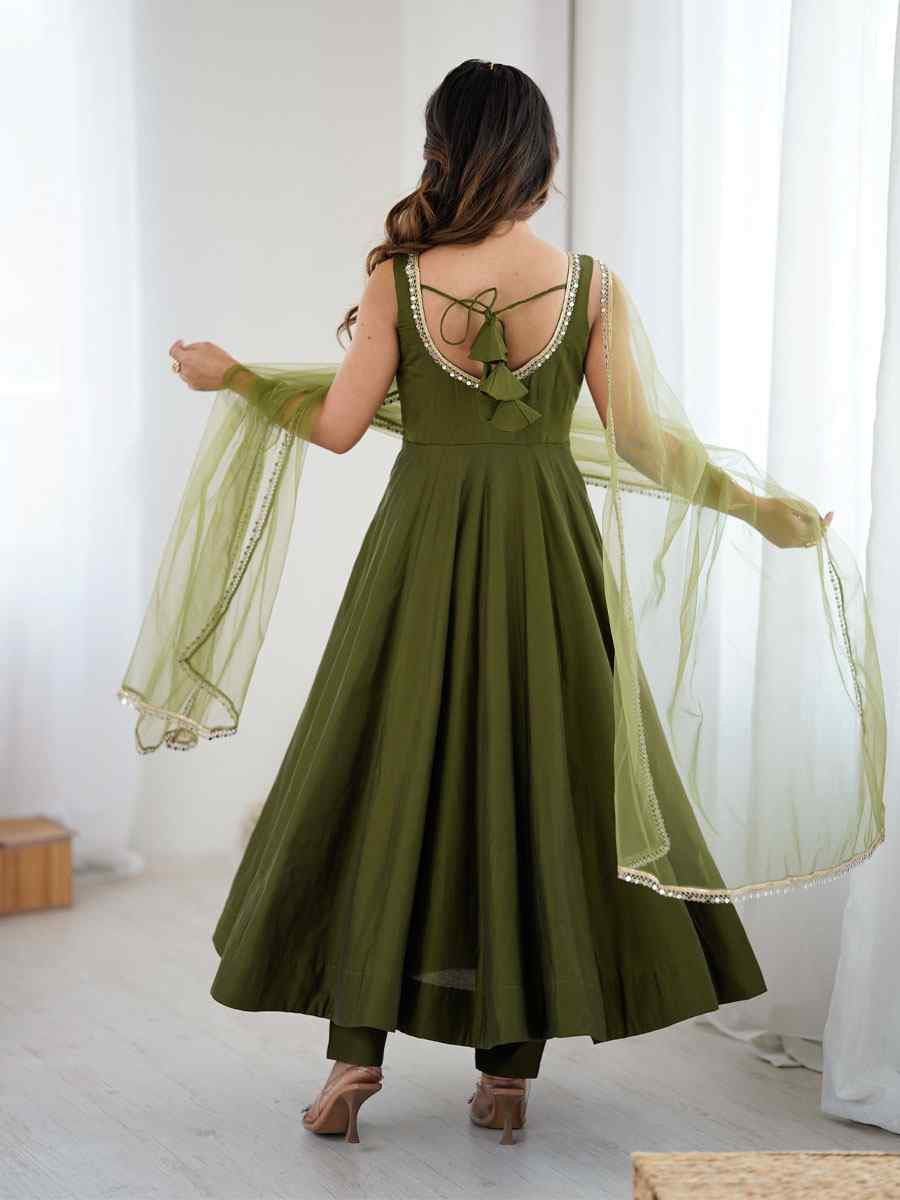 Mehendi Green Heavy Pure Roman Silk Plain Party Wedding Festival Casual Ready Anarkali Salwar Kameez