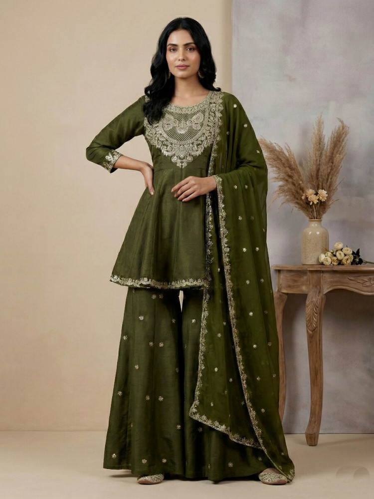 Image of Mehendi Green Heavy Simar Silk Embroidery Sequins Wedding Festival Party Wear Ready Anarkali Sharara Pant Salwar Kameez