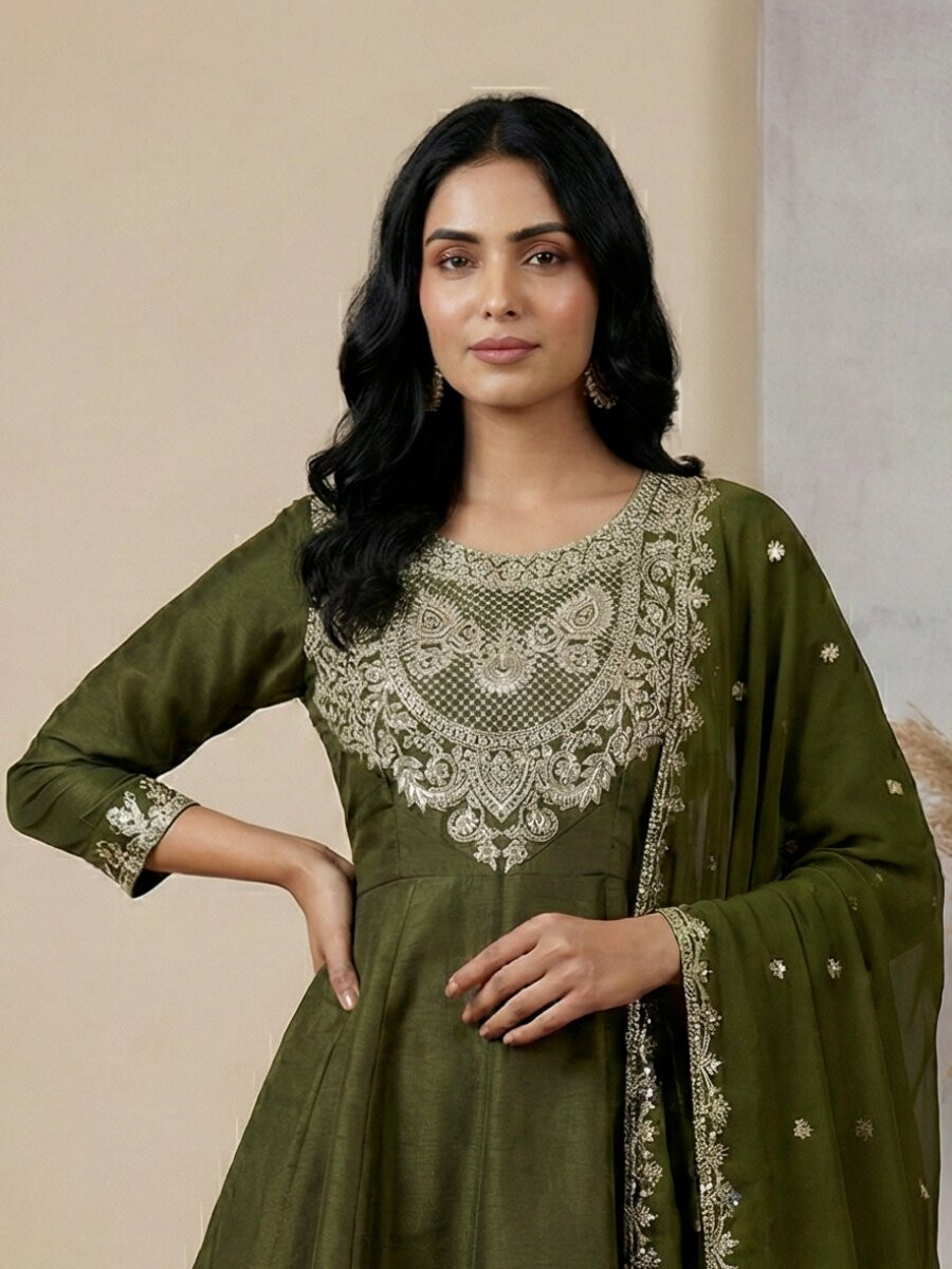 Mehendi Green Heavy Simar Silk Embroidery Sequins Wedding Festival Party Wear Ready Anarkali Sharara Pant Salwar Kameez