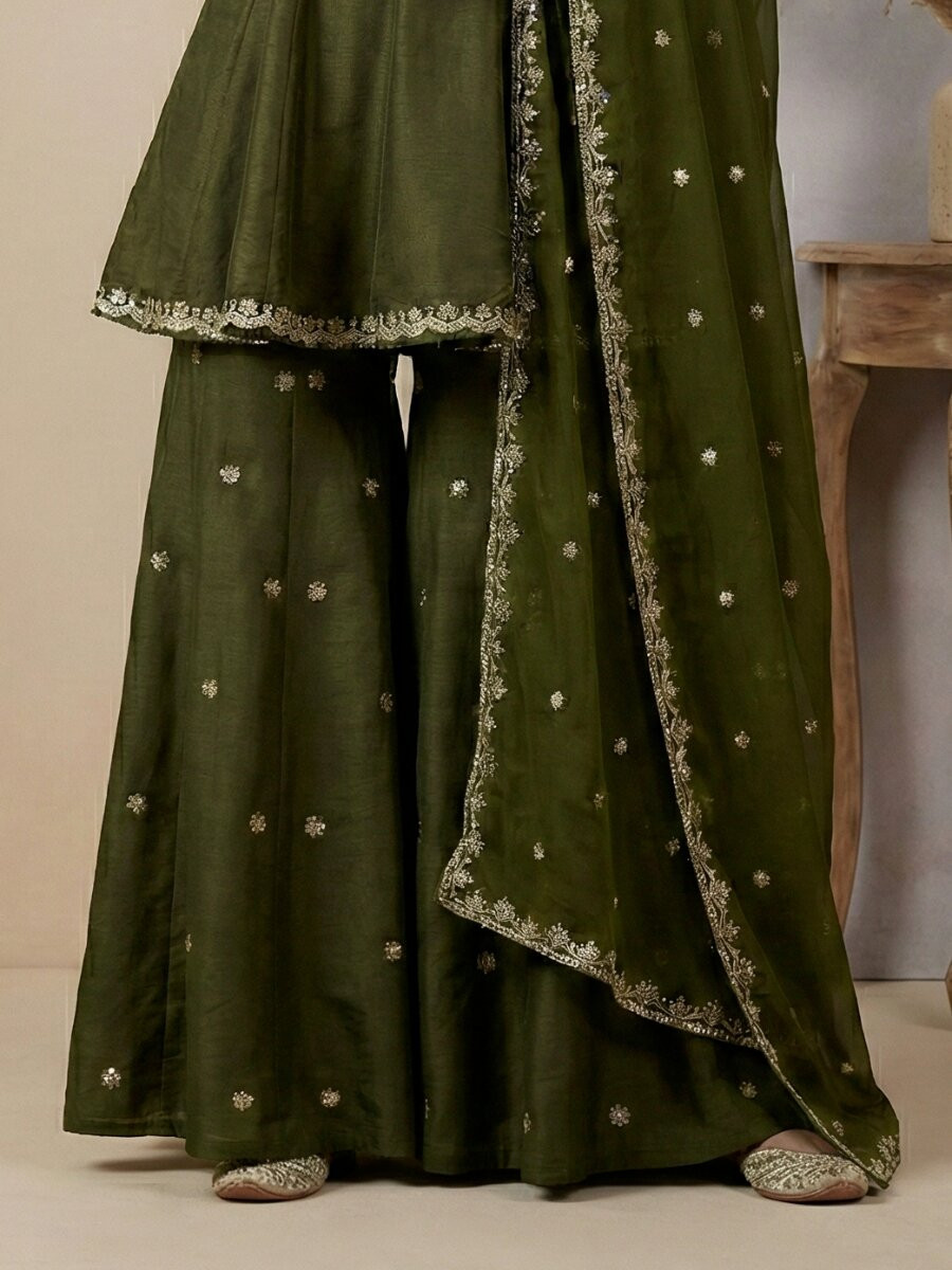 Mehendi Green Heavy Simar Silk Embroidery Sequins Wedding Festival Party Wear Ready Anarkali Sharara Pant Salwar Kameez