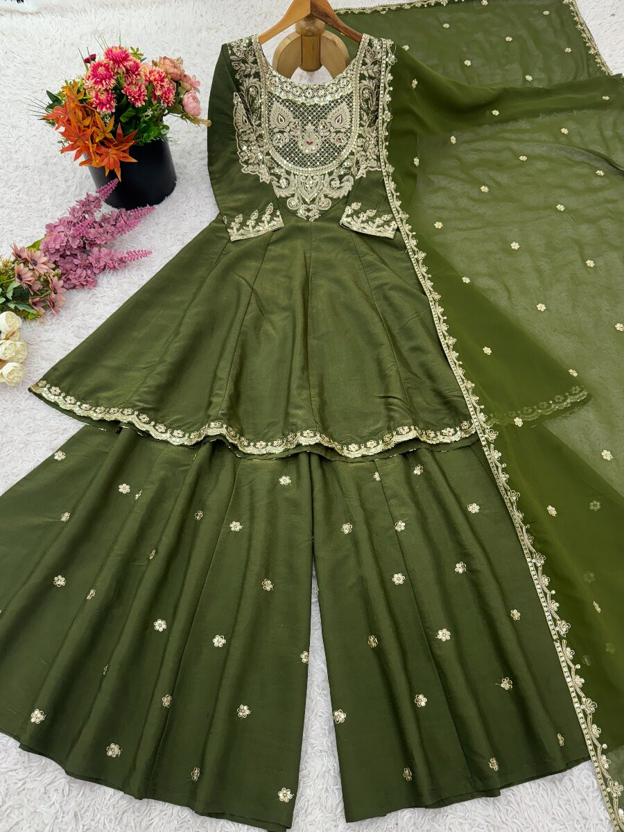 Mehendi Green Heavy Simar Silk Embroidery Sequins Wedding Festival Party Wear Ready Anarkali Sharara Pant Salwar Kameez