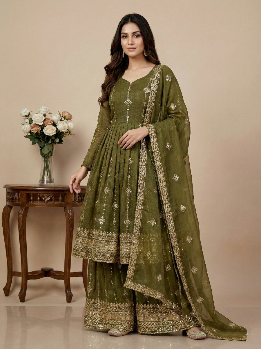 Mehendi Green Heavy Simar Silk Embroidery Sequins Wedding Festival Party Wear Ready Anarkali Sharara Pant Salwar Kameez