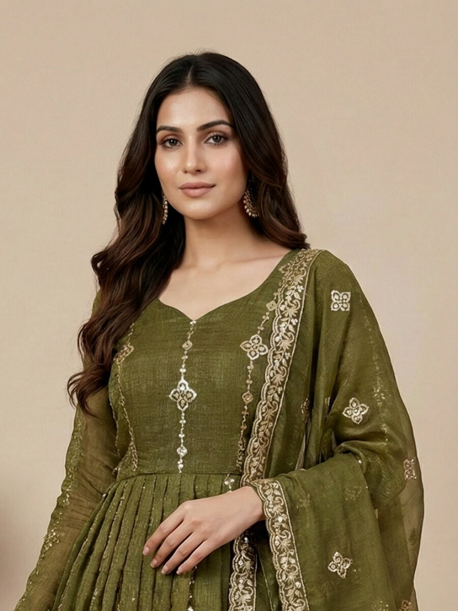 Mehendi Green Heavy Simar Silk Embroidery Sequins Wedding Festival Party Wear Ready Anarkali Sharara Pant Salwar Kameez