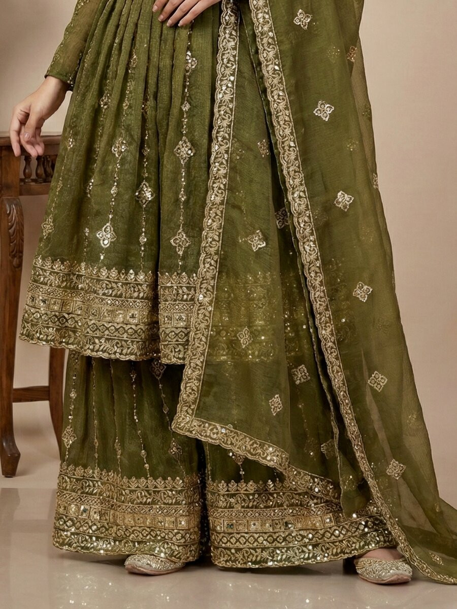 Mehendi Green Heavy Simar Silk Embroidery Sequins Wedding Festival Party Wear Ready Anarkali Sharara Pant Salwar Kameez