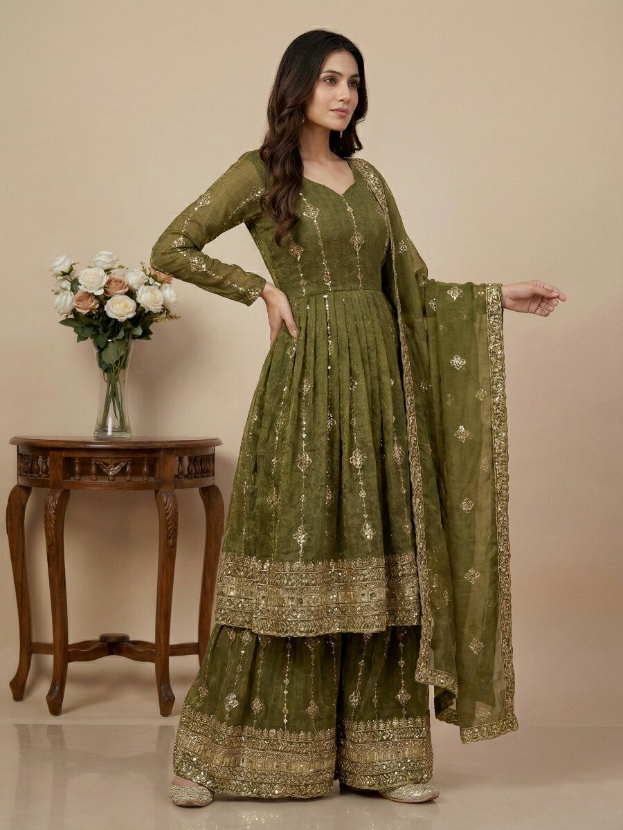 Mehendi Green Heavy Simar Silk Embroidery Sequins Wedding Festival Party Wear Ready Anarkali Sharara Pant Salwar Kameez
