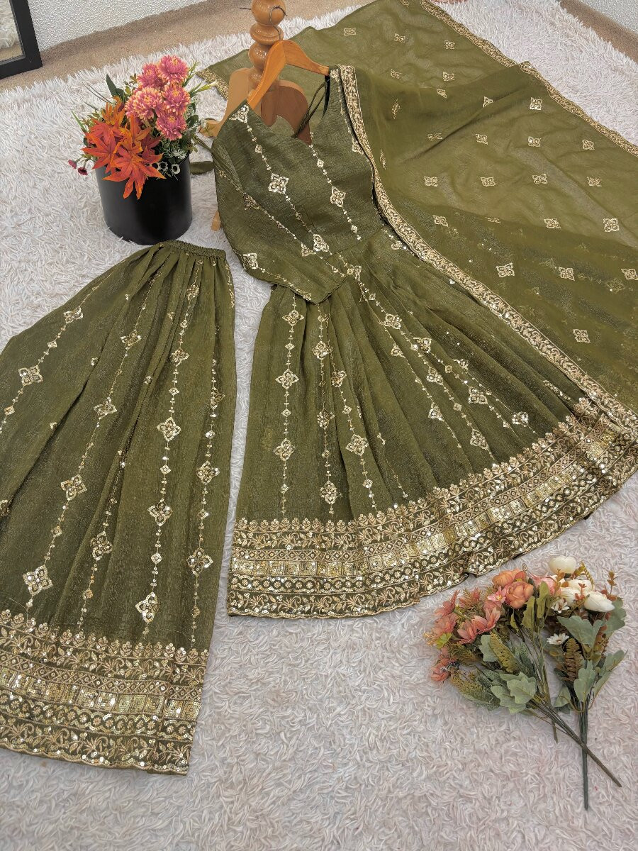 Mehendi Green Heavy Simar Silk Embroidery Sequins Wedding Festival Party Wear Ready Anarkali Sharara Pant Salwar Kameez
