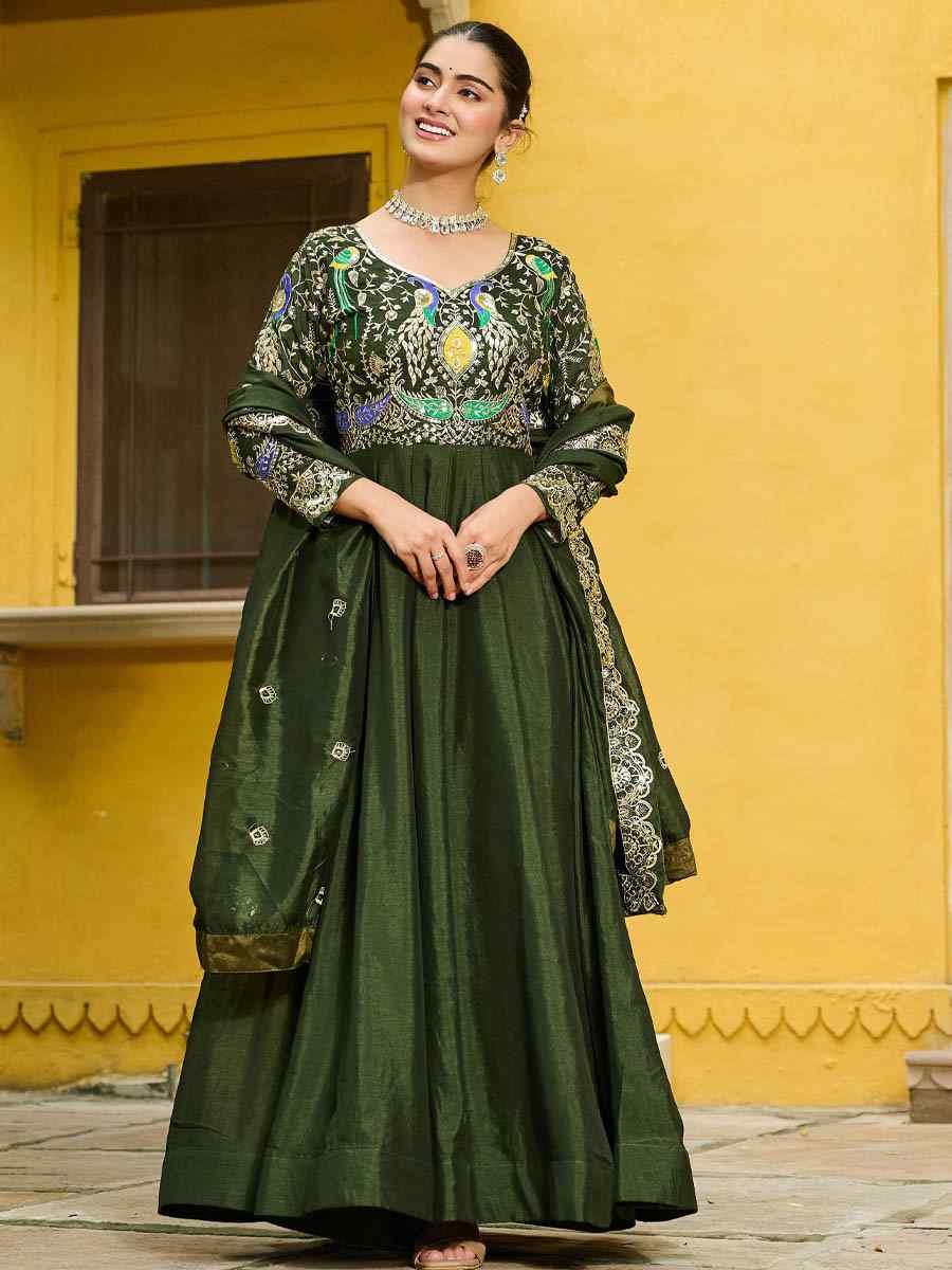 Mehendi Green Heavy Vichitra Silk Embroidered Festival Casual Wedding Gown