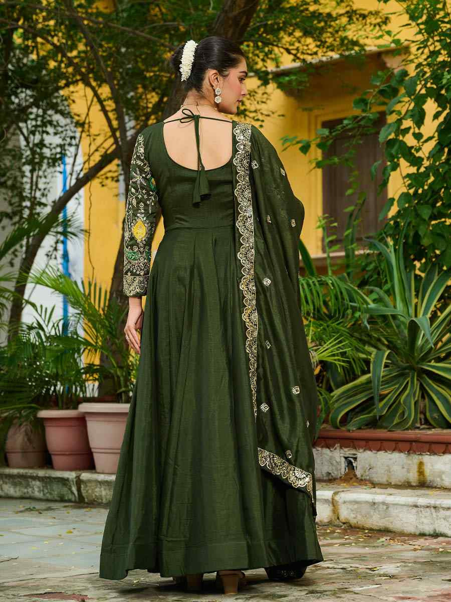 Mehendi Green Heavy Vichitra Silk Embroidered Festival Casual Wedding Gown