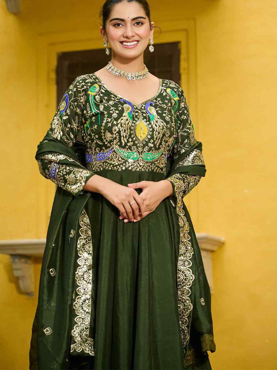 Mehendi Green Heavy Vichitra Silk Embroidered Festival Casual Wedding Gown