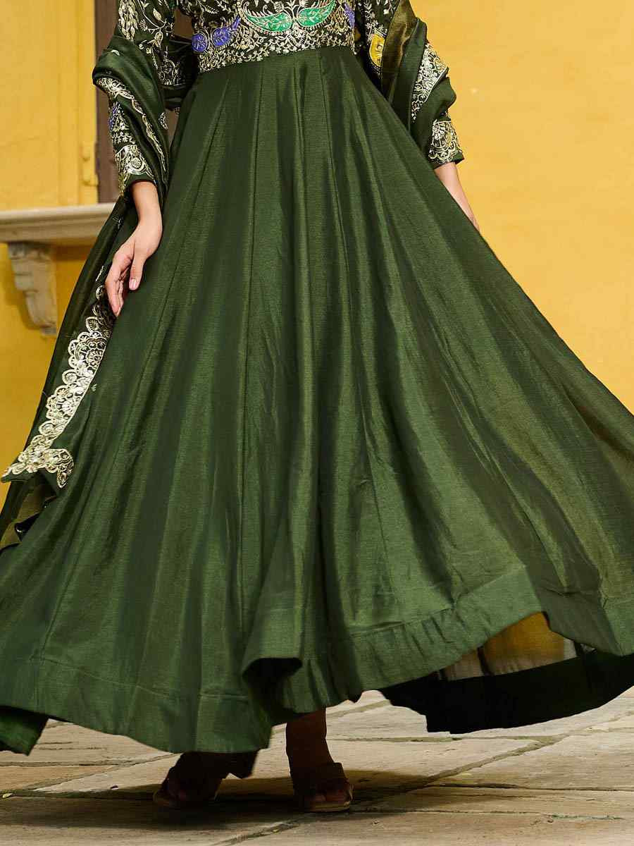 Mehendi Green Heavy Vichitra Silk Embroidered Festival Casual Wedding Gown