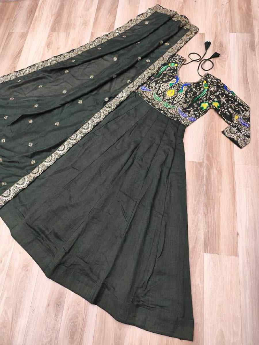 Mehendi Green Heavy Vichitra Silk Embroidered Festival Casual Wedding Gown
