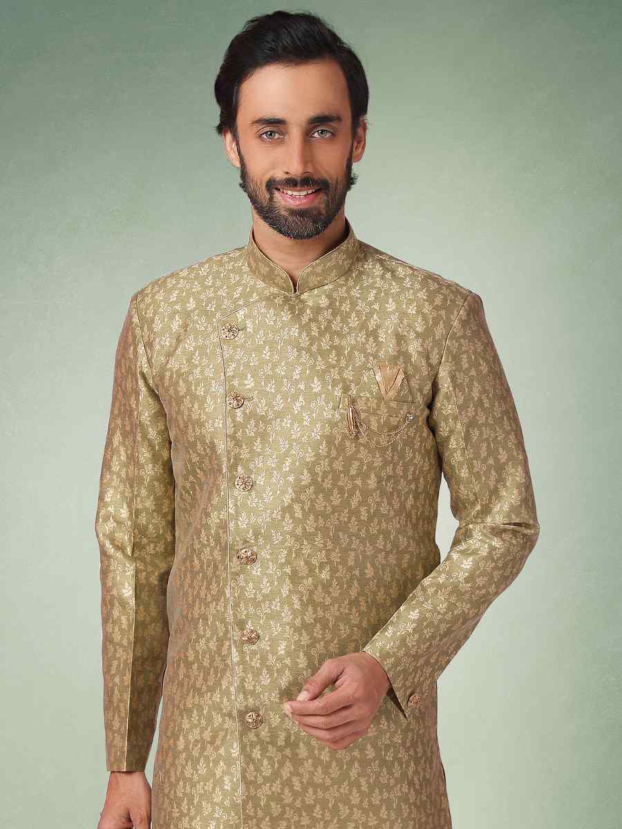 Mehendi Green Jacquard Silk Brocade Plain Party Aligadhi Pant Sherwani