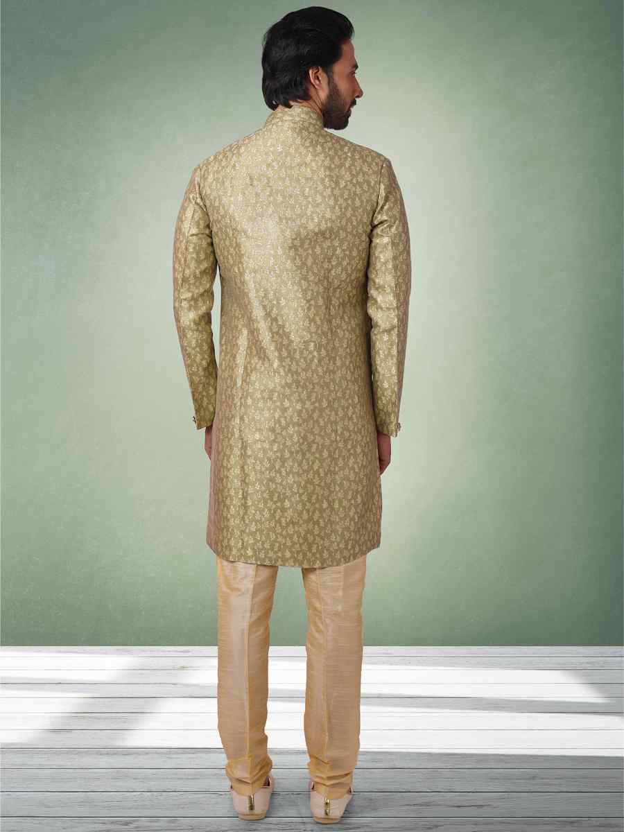 Mehendi Green Jacquard Silk Brocade Plain Party Aligadhi Pant Sherwani