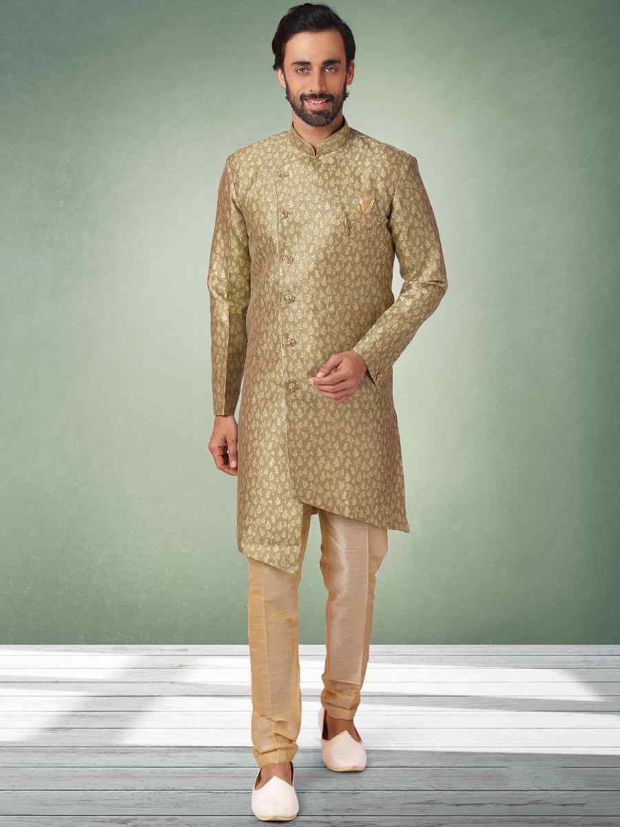 Mehendi Green Jacquard Silk Brocade Plain Party Aligadhi Pant Sherwani