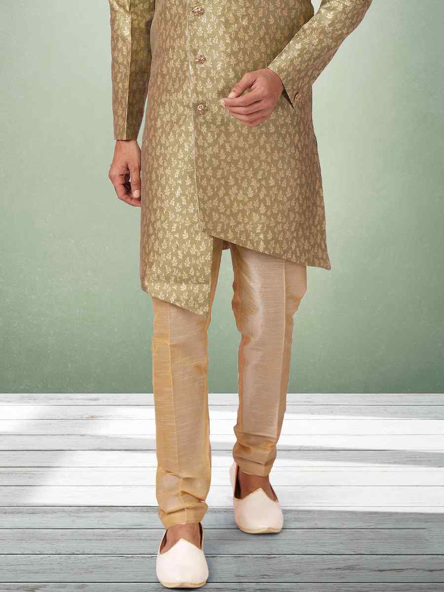 Mehendi Green Jacquard Silk Brocade Plain Party Aligadhi Pant Sherwani