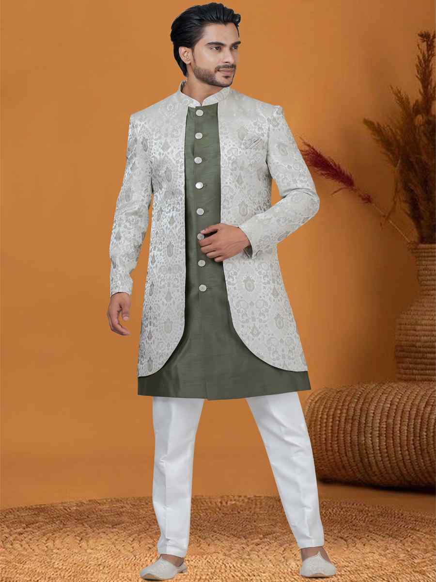 Mehendi Green Jacquard Silk Woven Groom Wedding Sherwani