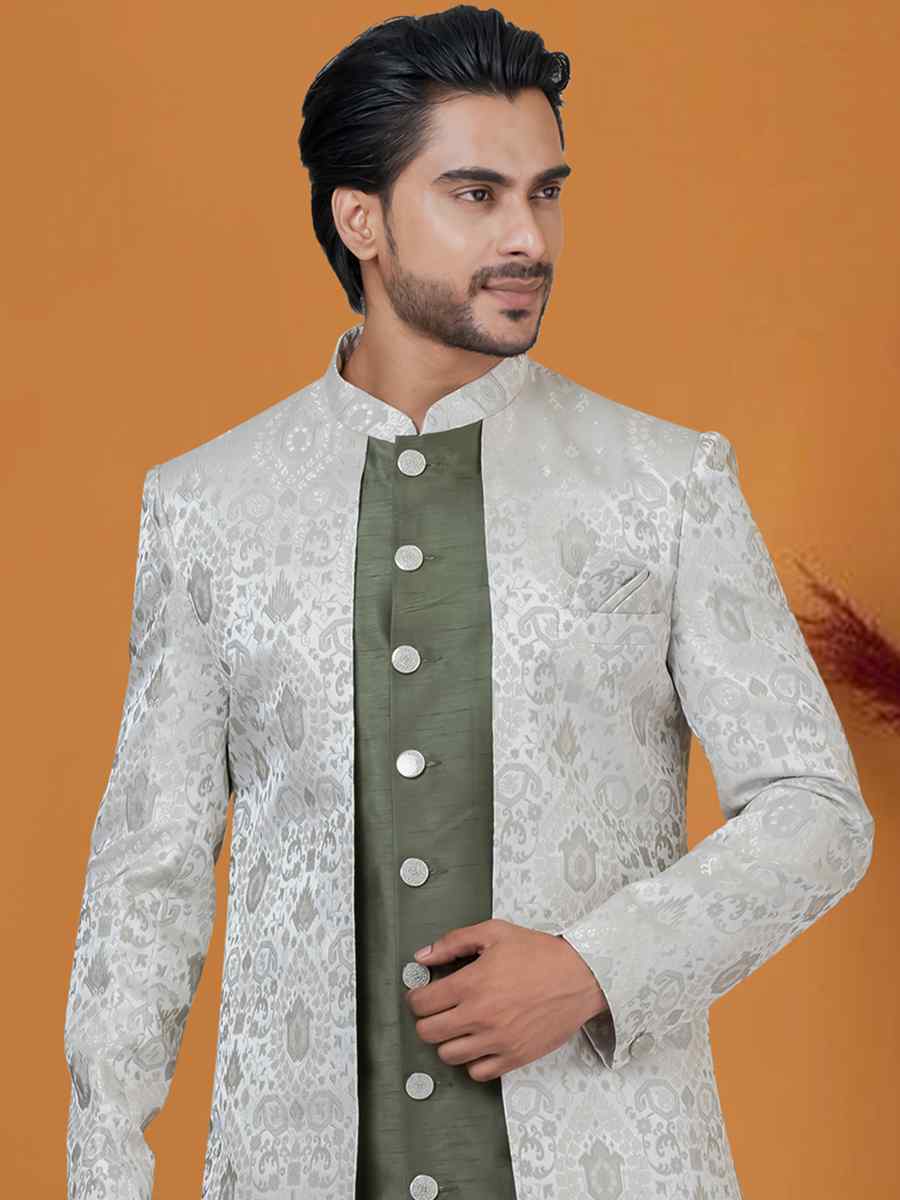Mehendi Green Jacquard Silk Woven Groom Wedding Sherwani