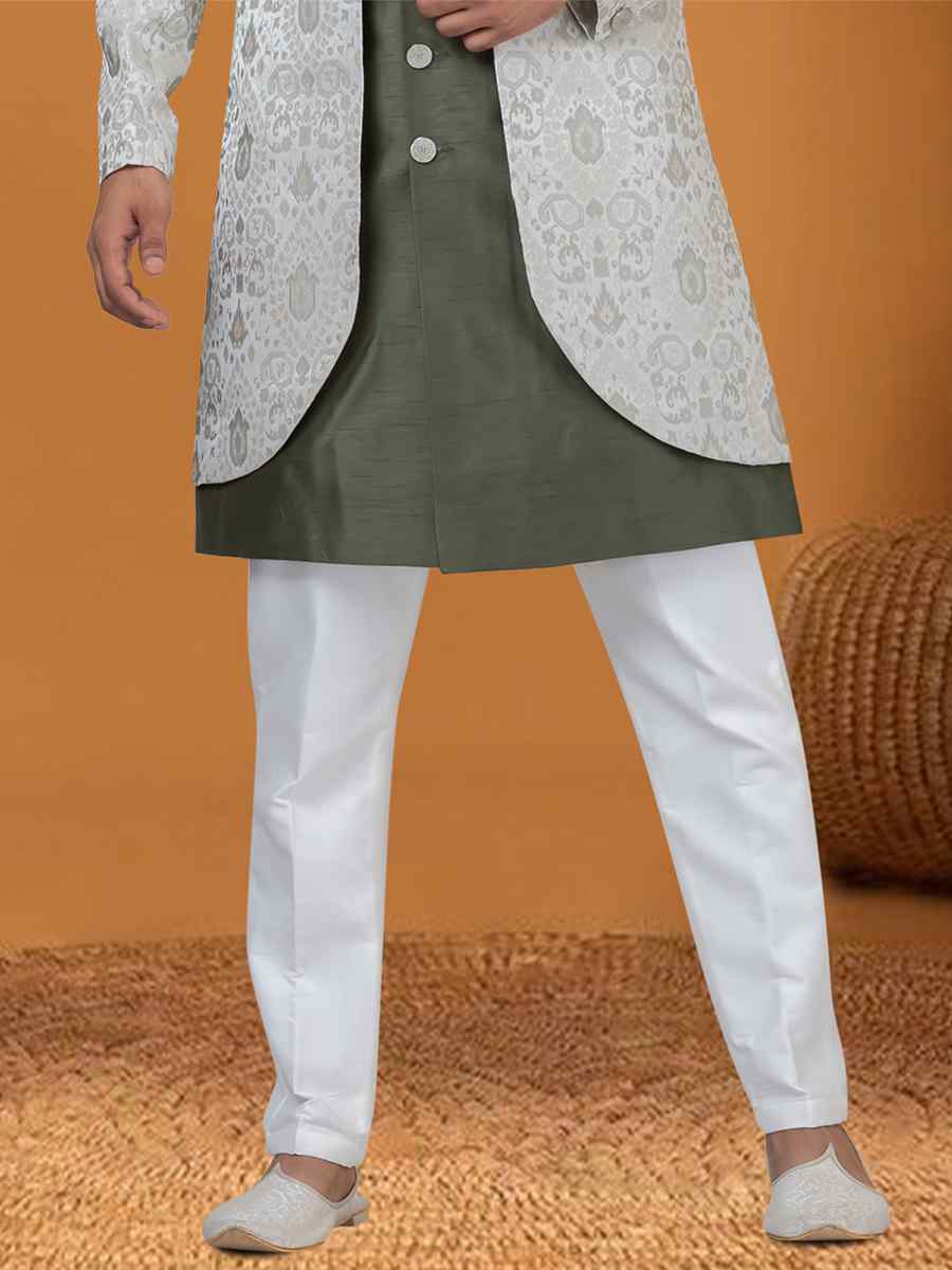 Mehendi Green Jacquard Silk Woven Groom Wedding Sherwani