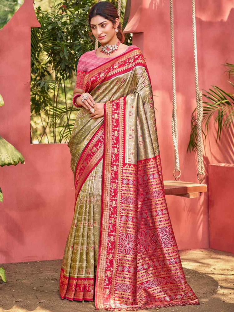 Image of Mehendi Green Kanjivaram Silk Printed Handwoven Festival Wedding Fancy Heavy Border Saree