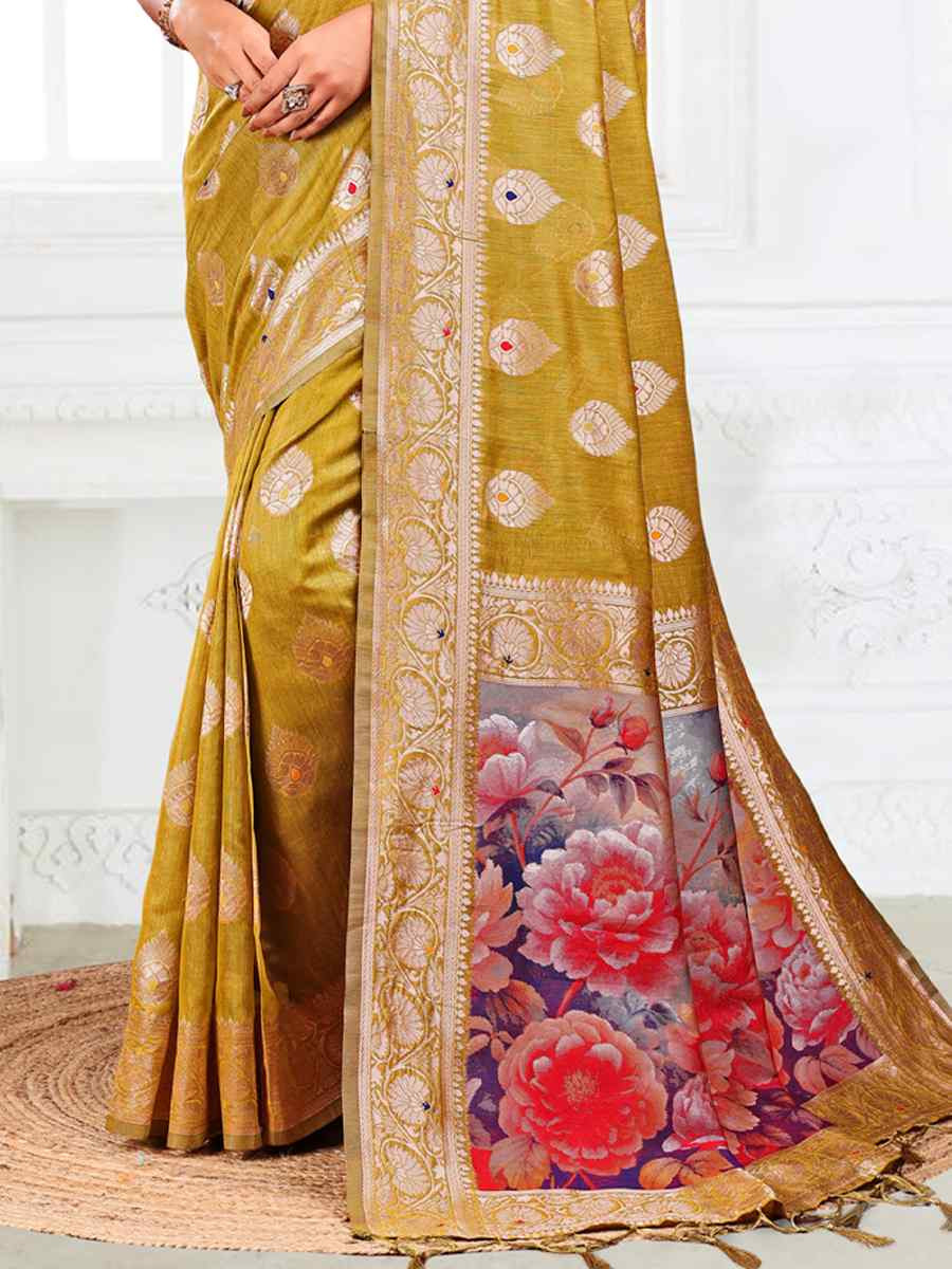 Mehendi Green Linen Cotton Handwoven Festival Wedding Fancy Heavy Border Saree