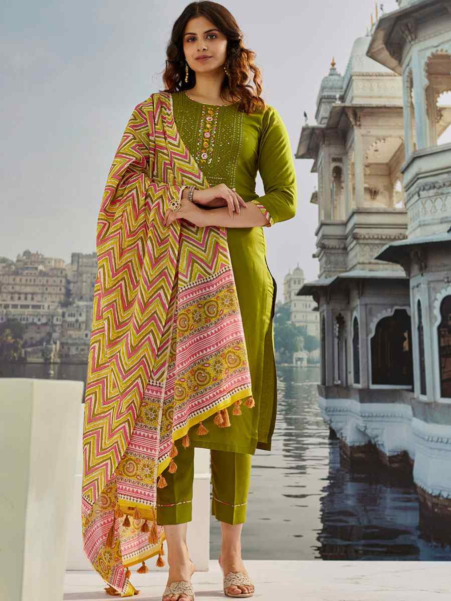 Mehendi Green Muslin Cotton Printed Party Wedding Festival Casual Ready Pant Salwar Kameez