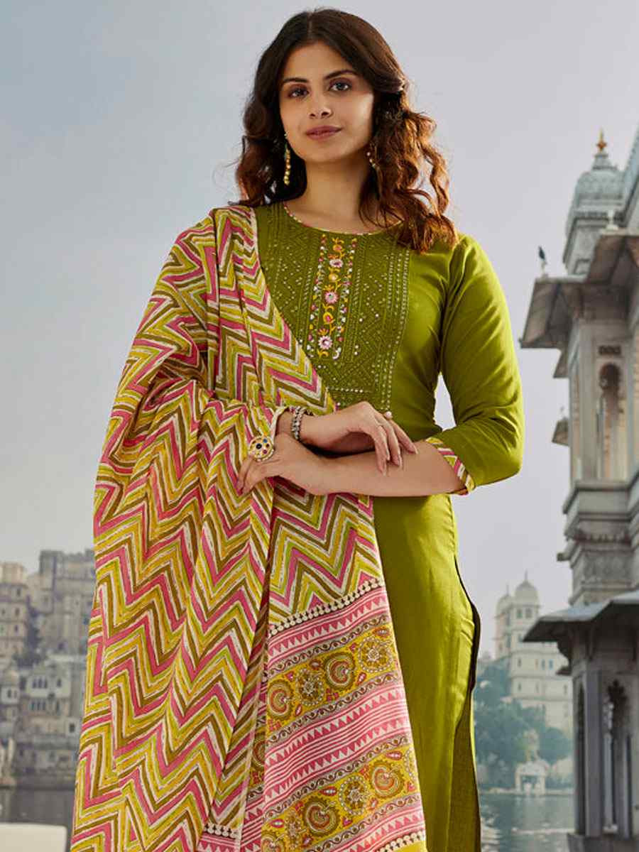 Mehendi Green Muslin Cotton Printed Party Wedding Festival Casual Ready Pant Salwar Kameez