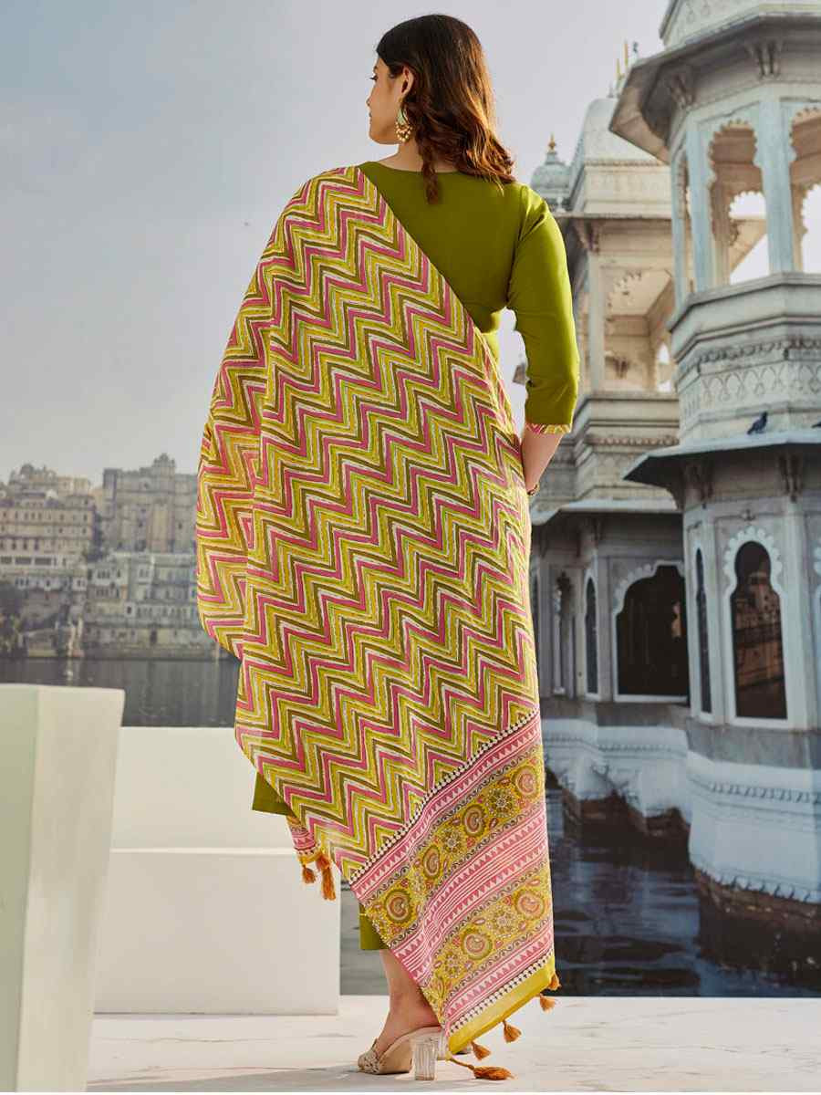 Mehendi Green Muslin Cotton Printed Party Wedding Festival Casual Ready Pant Salwar Kameez