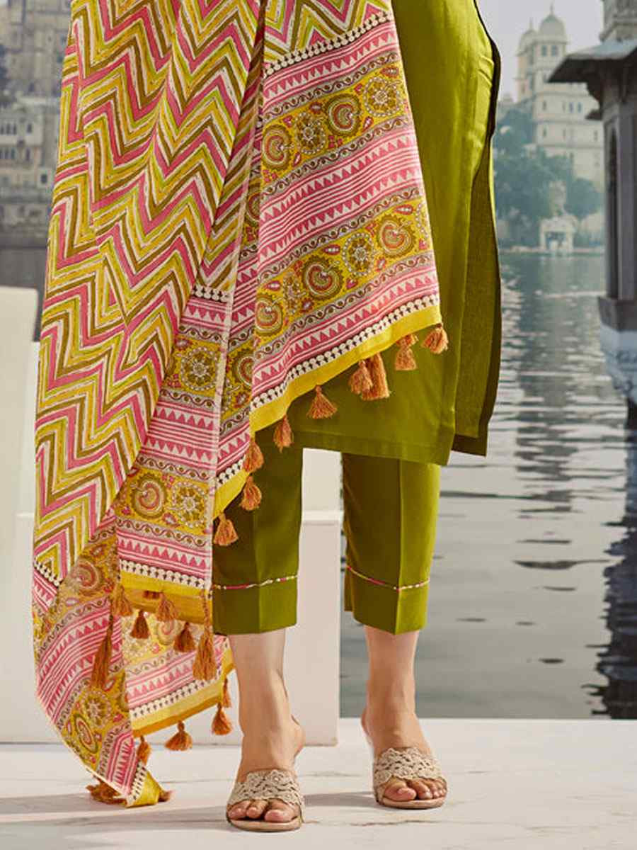 Mehendi Green Muslin Cotton Printed Party Wedding Festival Casual Ready Pant Salwar Kameez