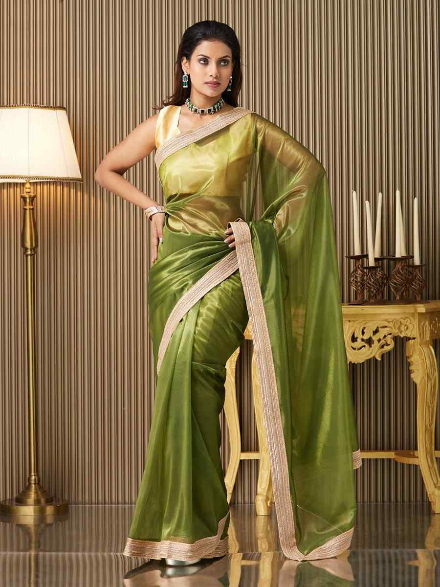 Mehendi Green Net Embroidered Festival Wedding Fancy Heavy Border Saree