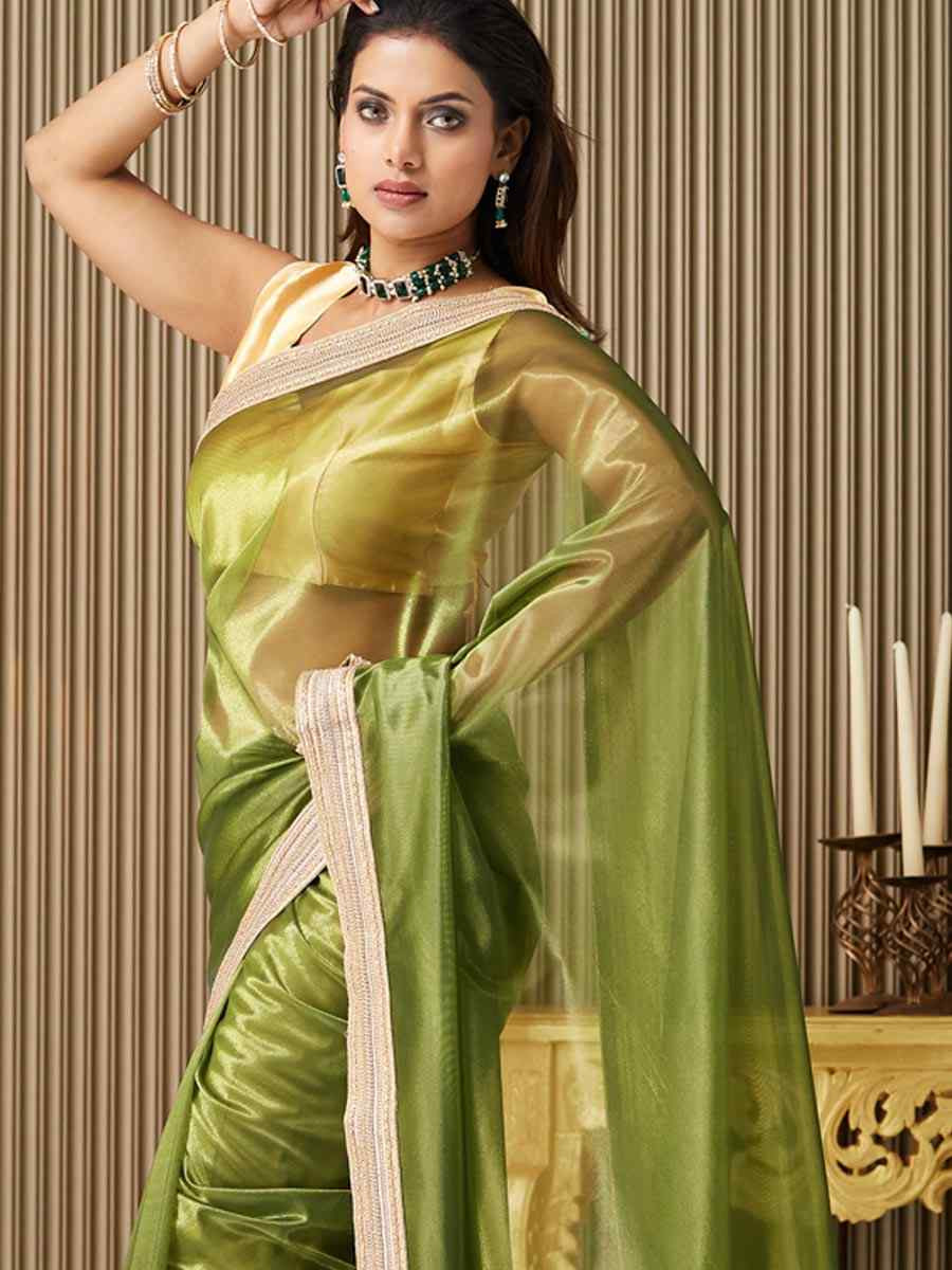 Mehendi Green Net Embroidered Festival Wedding Fancy Heavy Border Saree