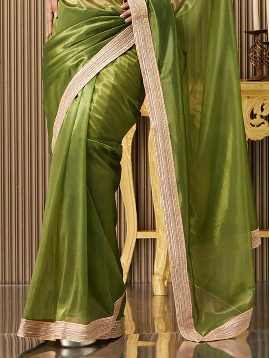 Mehendi Green Net Embroidered Festival Wedding Fancy Heavy Border Saree