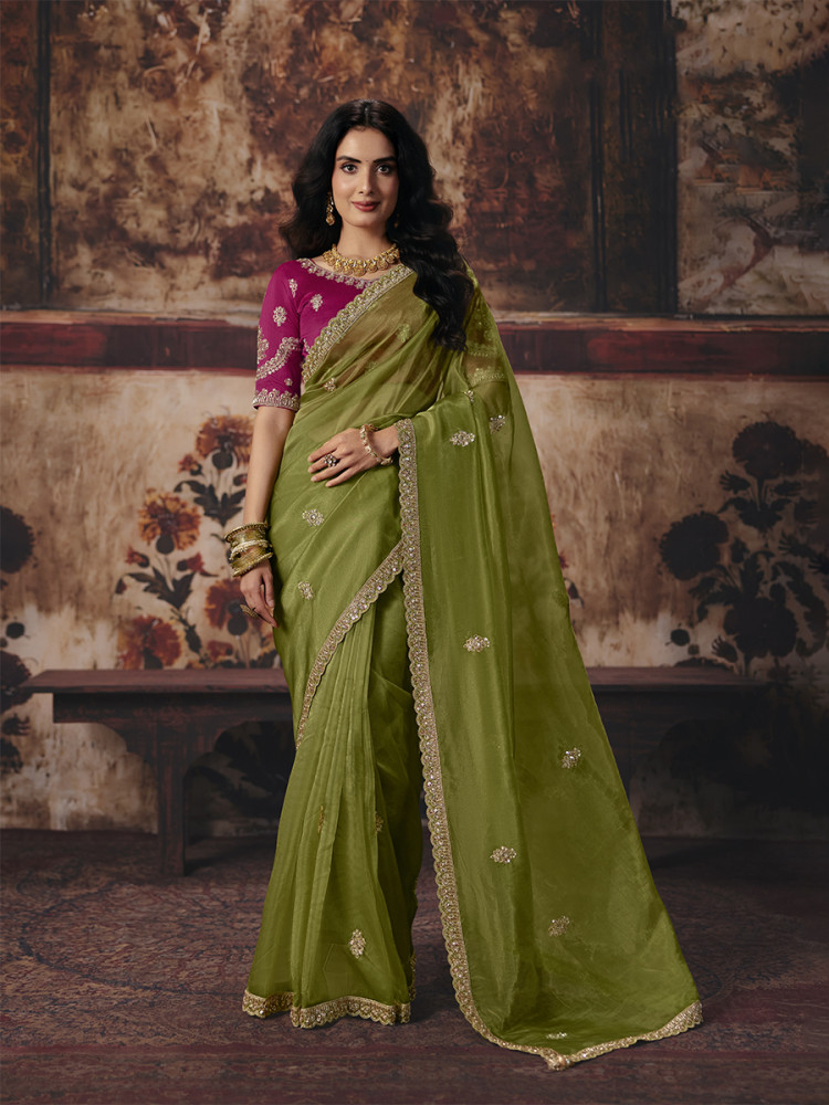 Image of Mehendi Green Organza Embroidery Sequins Zari Wedding Reception Party Festival Casual Heavy Border Sarees