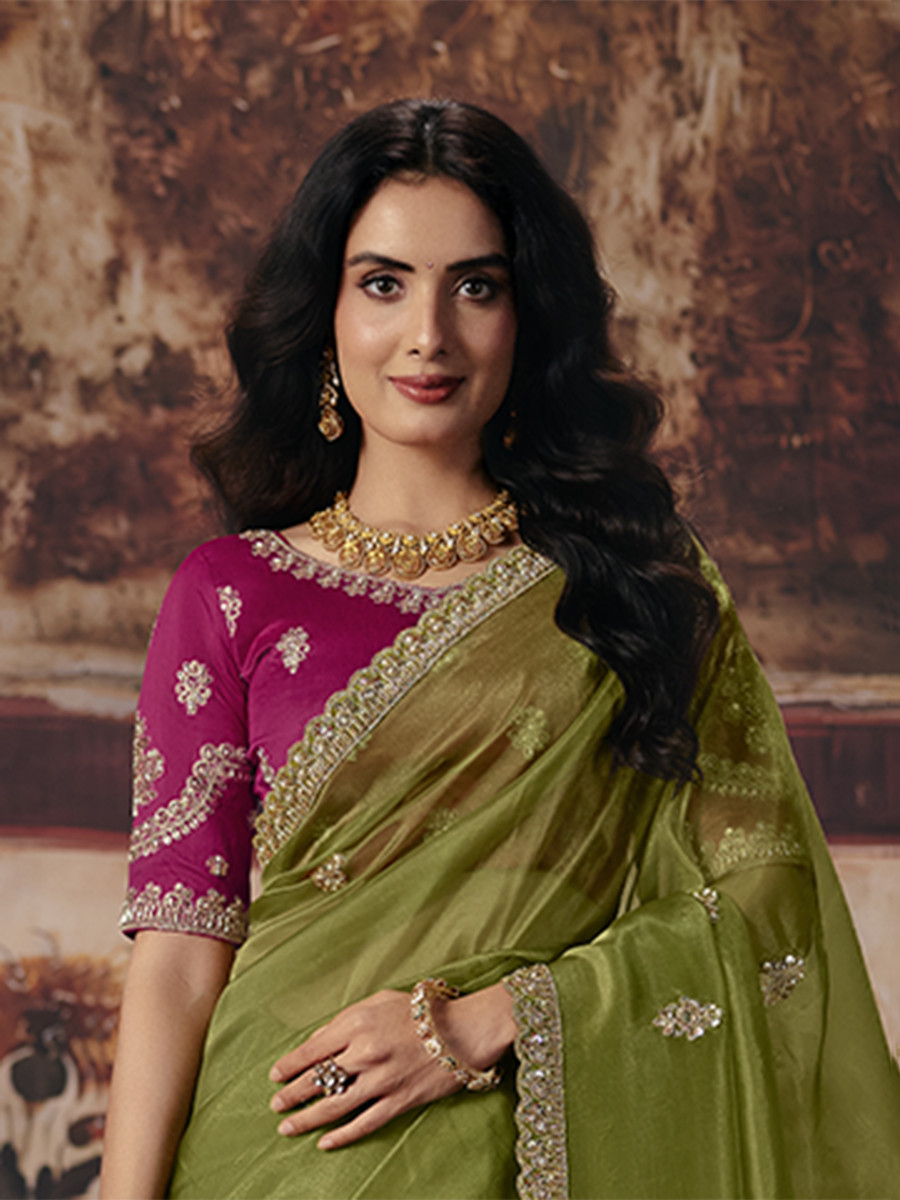 Mehendi Green Organza Embroidery Sequins Zari Wedding Reception Party Festival Casual Heavy Border Sarees