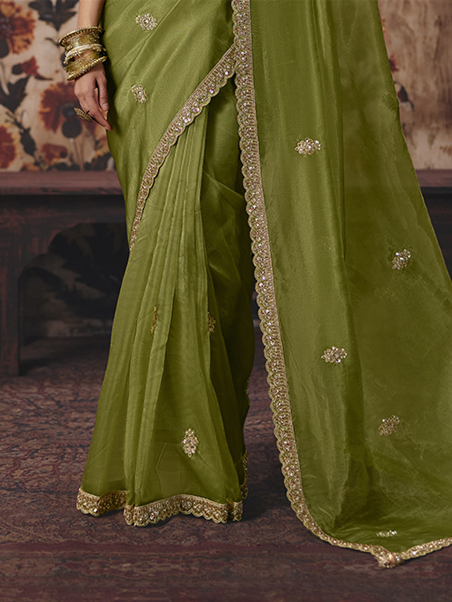 Mehendi Green Organza Embroidery Sequins Zari Wedding Reception Party Festival Casual Heavy Border Sarees