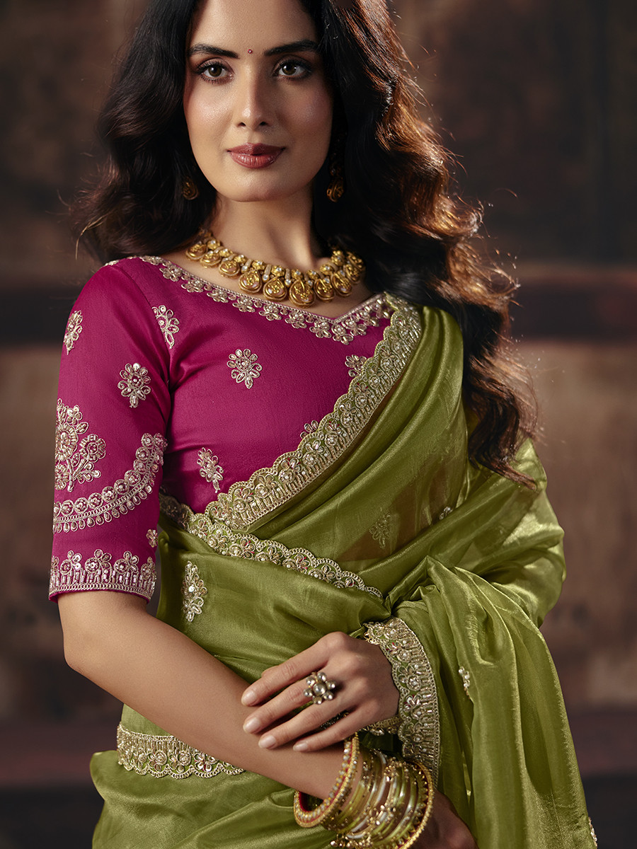 Mehendi Green Organza Embroidery Sequins Zari Wedding Reception Party Festival Casual Heavy Border Sarees