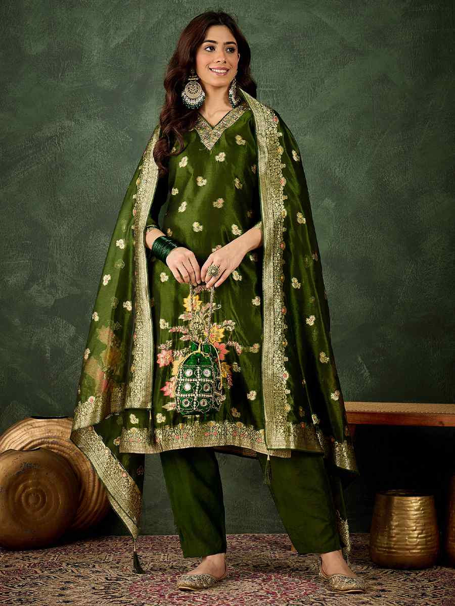 Mehendi Green Organza Silk Embroidered Festival Casual Ready Pant Salwar Kameez