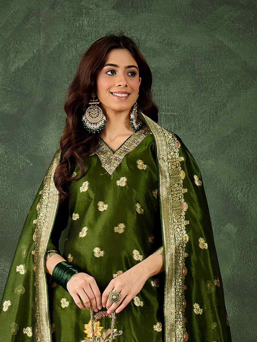 Mehendi Green Organza Silk Embroidered Festival Casual Ready Pant Salwar Kameez