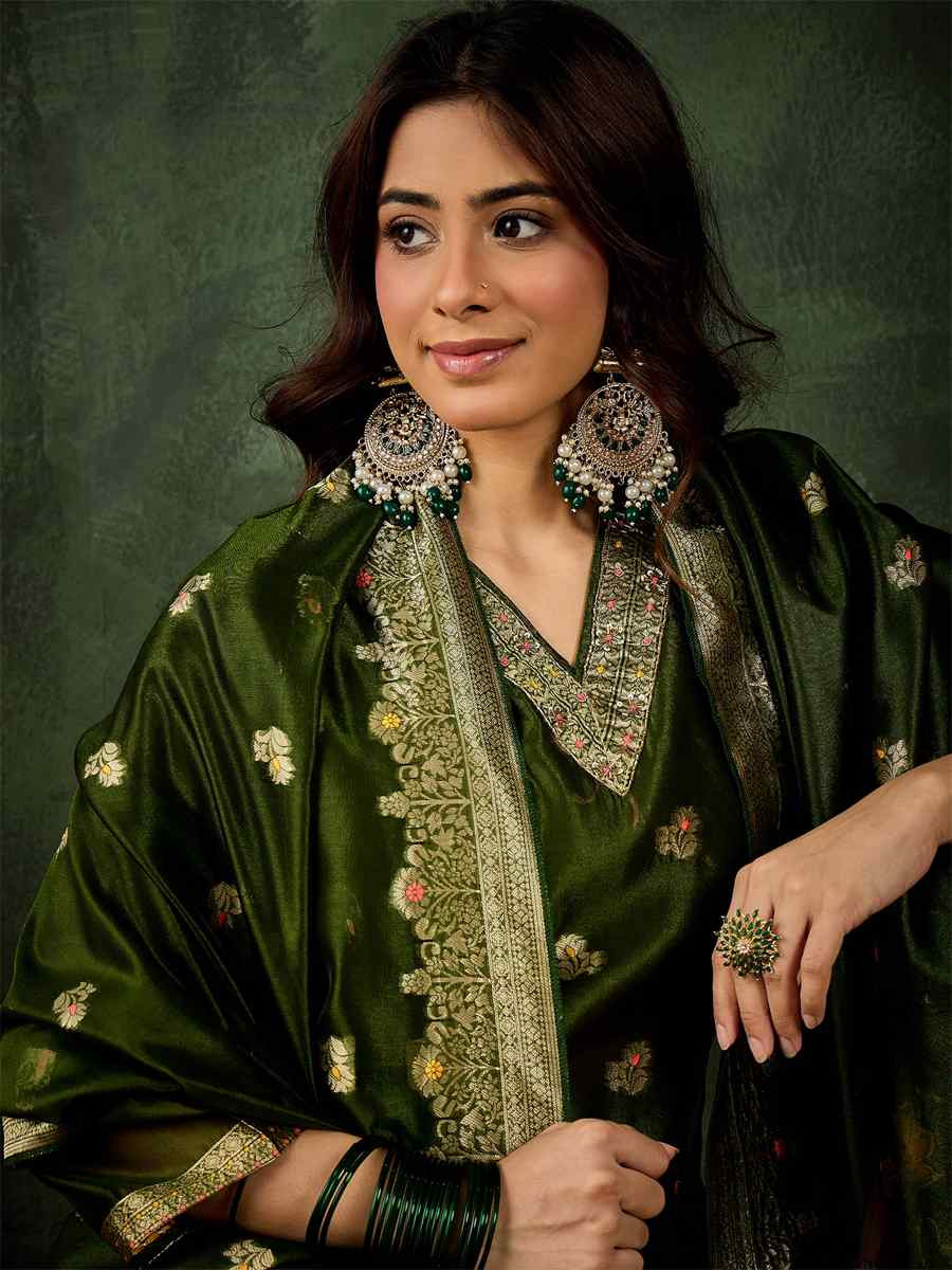 Mehendi Green Organza Silk Embroidered Festival Casual Ready Pant Salwar Kameez