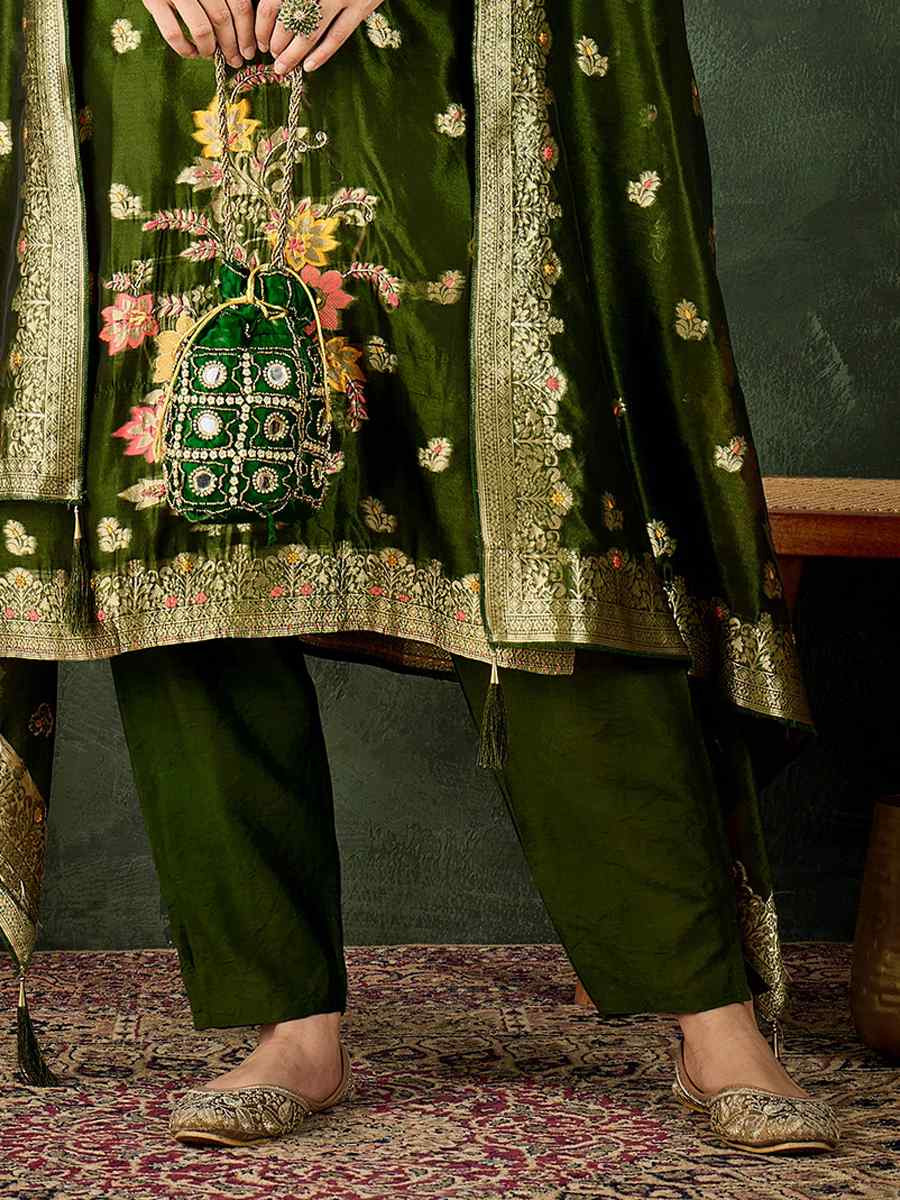 Mehendi Green Organza Silk Embroidered Festival Casual Ready Pant Salwar Kameez