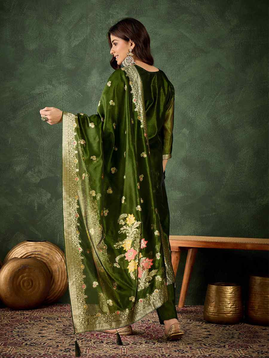 Mehendi Green Organza Silk Embroidered Festival Casual Ready Pant Salwar Kameez