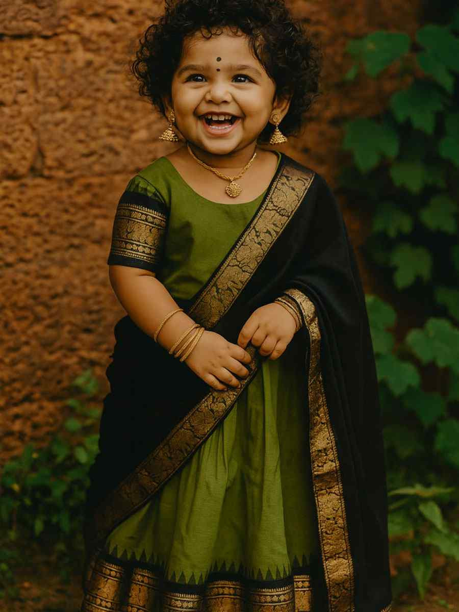 Mehendi Green Premium Lichi Silk Brocade Kids Wear Wedding Festival Lehengas Girls Wear